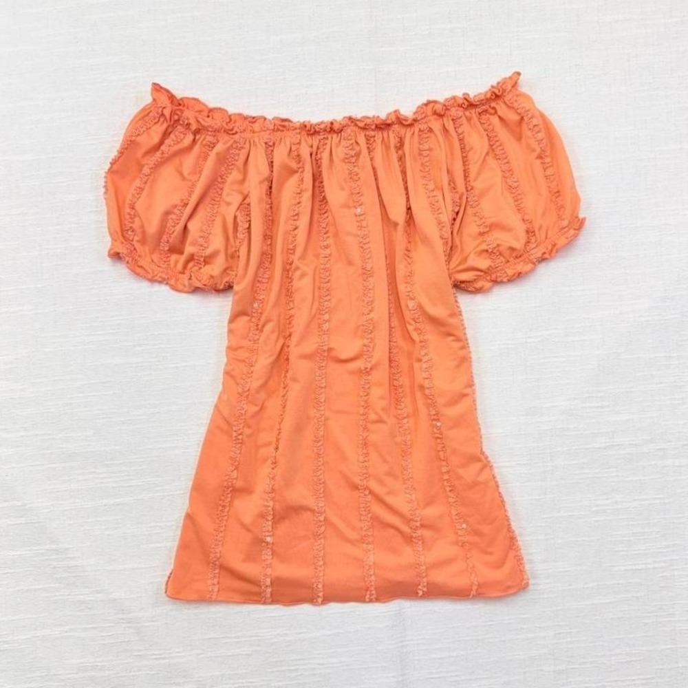 Y2K Off Shoulder Milkmaid Top Peach Coral Puff Sleeve Fairycore Blouse Large - Picture 6 of 8